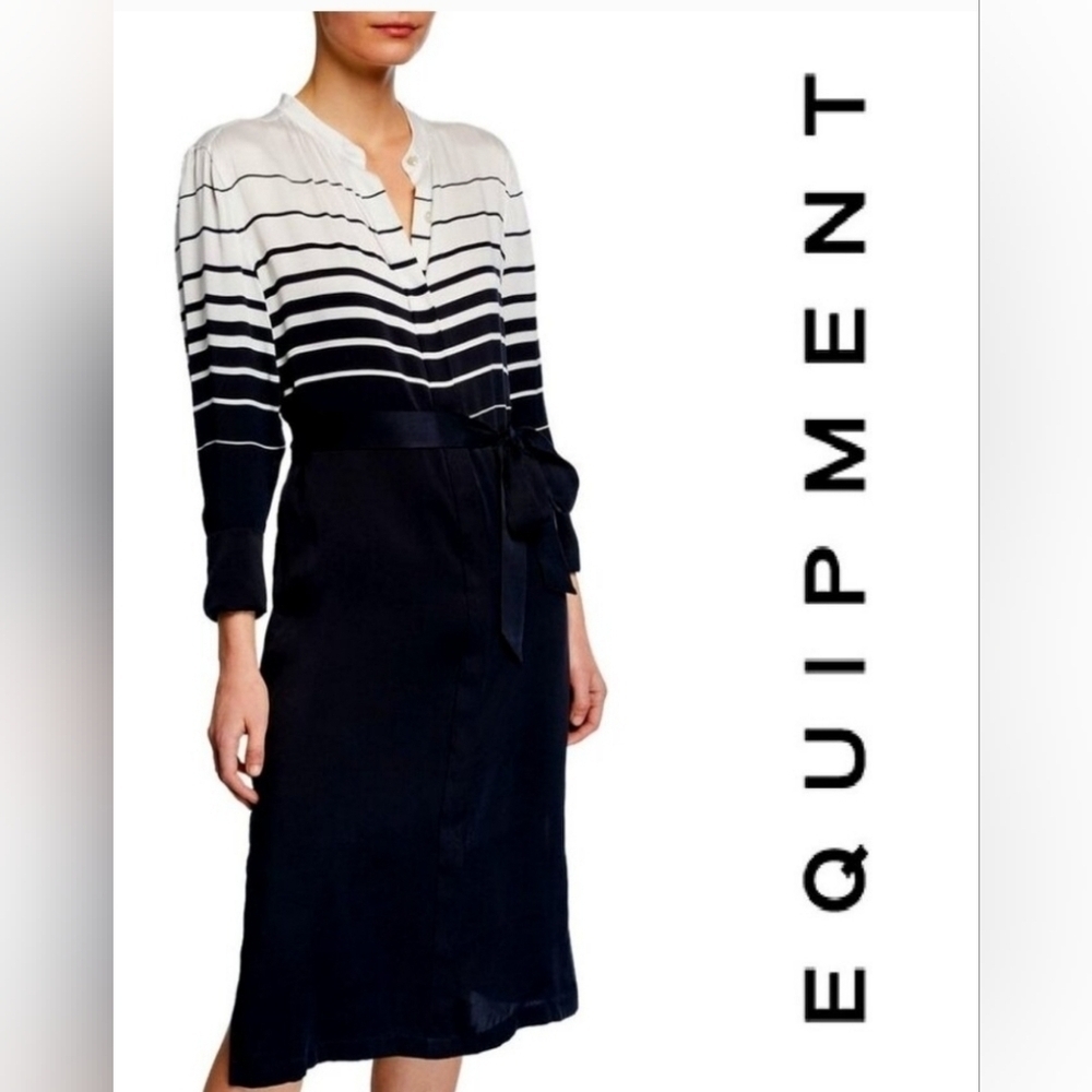 EQUIPMENT Black and White Striped Long Sleeve Silk Blend Dress Size M